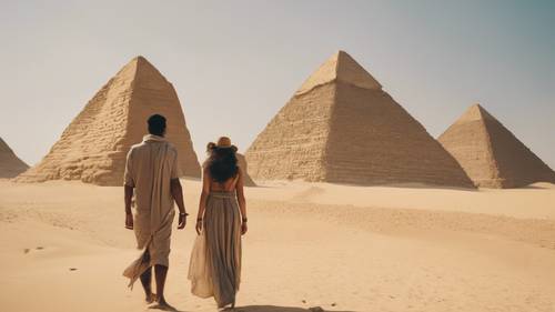 A couple exploring Egyptian pyramids, in Saharan heat and sand.