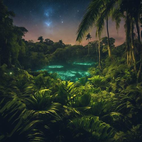 Hutan tropis yang dipenuhi tanaman bercahaya di bawah langit malam.