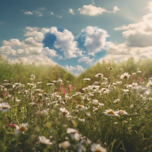 A heart-shaped cloud floating above a meadow full of wild flowers.