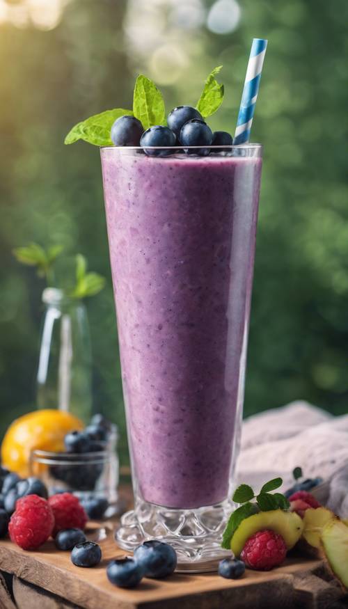 A blueberry smoothie in a tall glass, with a background of summer morning.