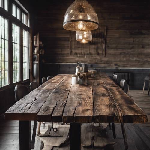 A lengthy dining table made of dark reclaimed wood in a rustic dining room. Tapet [5156fb82dfc54fd284f6]