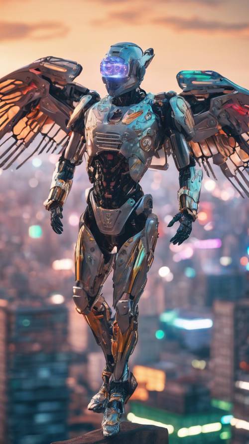 A Y2K styled cyborg with large cybernetic wings hovering over a vibrant city.
