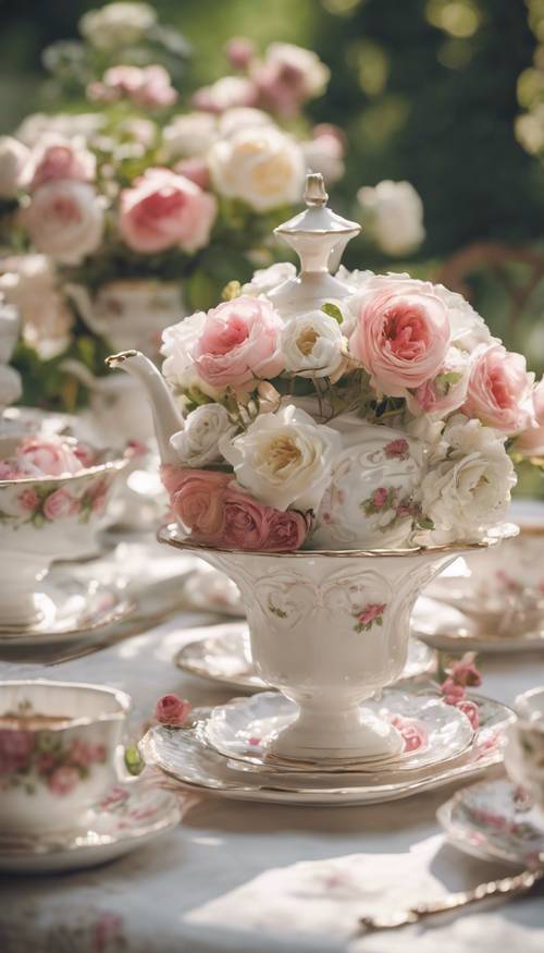 A vintage shabby chic tea party set in an English garden full of blossoming roses.