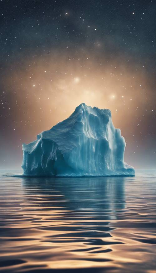 An iceberg floating on a tranquil ocean under a midnight sky scattered with stars.