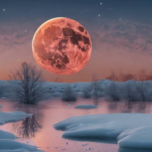 A surreal image of a strawberry moon rising over an icy expanse