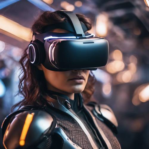 Une femme vêtue d’une combinaison VR futuriste explorant un monde numérique, les yeux remplis d’étonnement devant la réalité virtuelle devant elle.