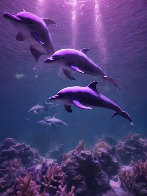 Tętniąca życiem podwodna scena przedstawiająca grupę ciemnofioletowych delfinów kawaii bawiących się wokół zanurzonego, zaginionego miasta.