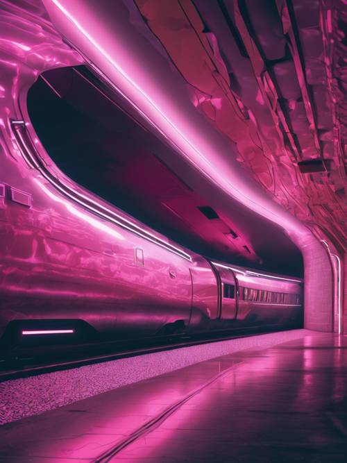 רכבת אלגנטית ומבריקה בסגנון Cyber ​​Y2K דוהרת במנהרה מוארת באורות ניאון.