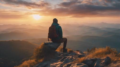 Un voyageur solitaire admirant la vue fascinante du coucher de soleil depuis le sommet d&#39;une montagne.