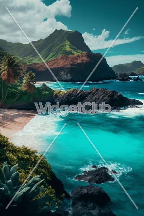 Tropisches Strandparadies mit klarem blauen Wasser und grünen Klippen
