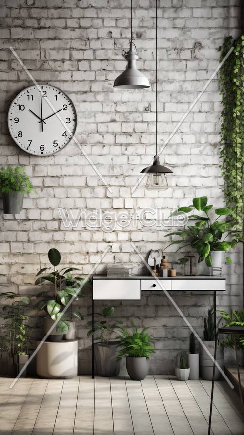 シンプルで白いレンガ壁に時計と植物