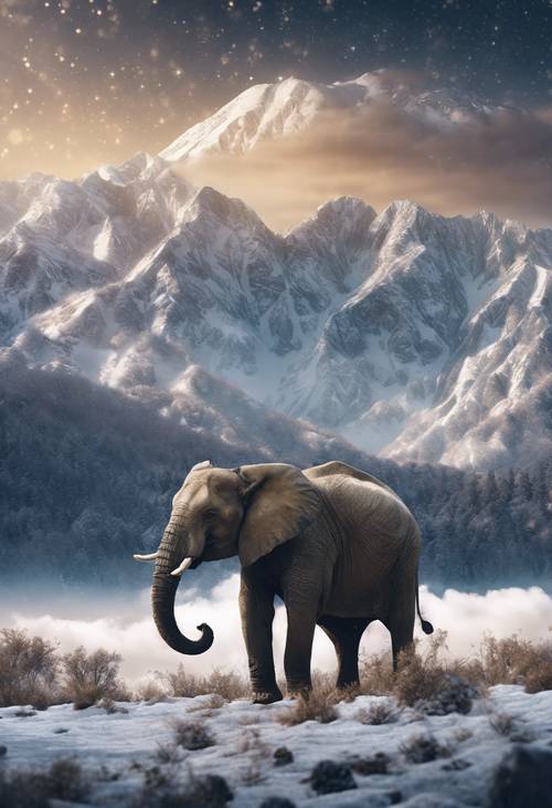 فيل شاهق أمام منظر طبيعي للجبال المغطاة بالثلوج، تحت سماء متناثرة بالنجوم المتلألئة.