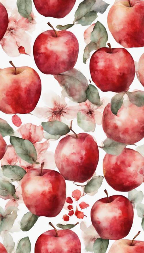 A seamless pattern of red-painted apples in the aesthetics of soft watercolor painting.