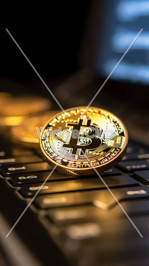 Golden Bitcoin on Computer Keyboard Background