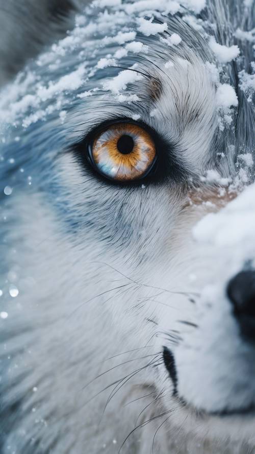 눈 덮인 배경을 배경으로 교활한 빛으로 반짝이는 얼음색 늑대의 눈.