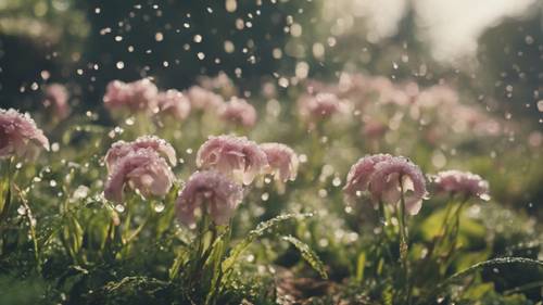 زهور الربيع العتيقة المرشوشة بندى الصباح المنعش، الموجودة في حديقة إنجليزية مهجورة.