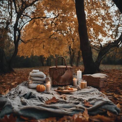 Un pique-nique dans un style bohème sombre, avec des couvertures et des oreillers richement texturés, entourés de feuilles d&#39;automne.