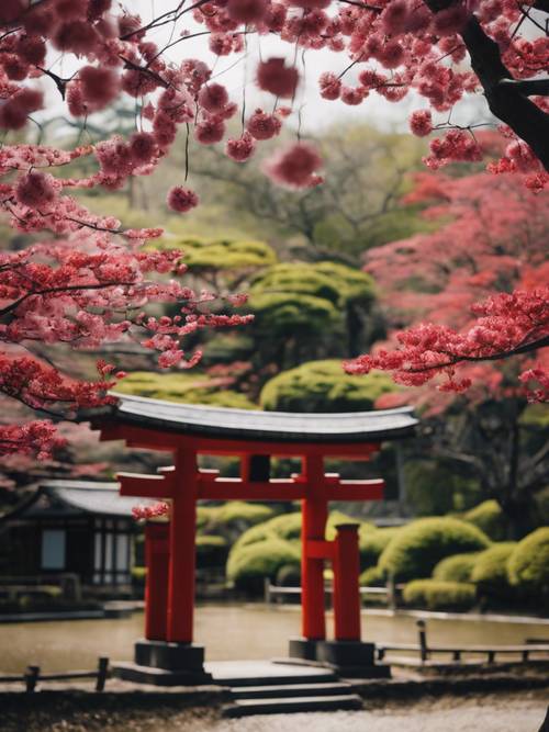 A black cherry blossom tree blooming in a lush Japanese garden, with a traditional red Torii gate in the backdrop.
