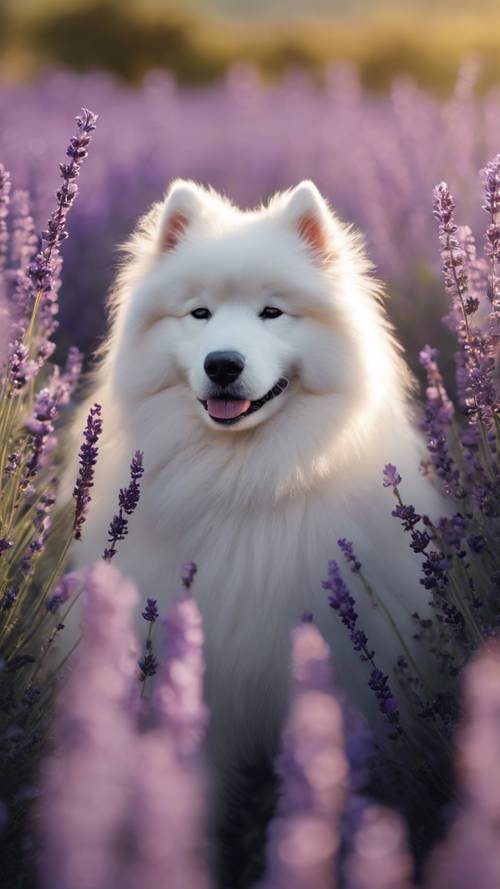 A fluffy samoyed lying in a field of lavender in the soft shimmer of a late summer afternoon.