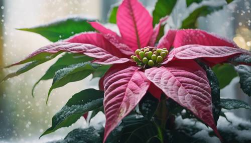 Uma poinsétia rosa vibrante aninhada entre folhas verdes intensas em uma janela gelada.