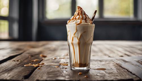 A thick luscious cream-colored milkshake served in a tall glass, garnished with whipped cream, a drizzle of caramel, and placed on a rustic wooden table. Divar kağızı [2f2a8cf21e7441dcabcf]