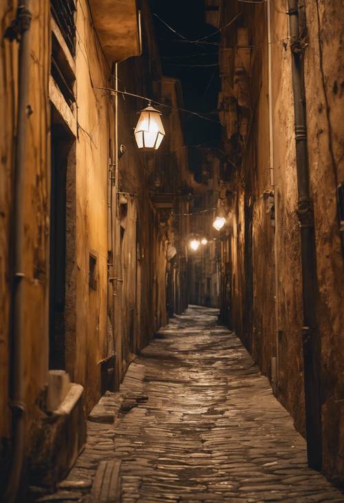 Sebuah gang malam misterius di jantung bersejarah Napoli, Italia, ditonjolkan oleh cahaya lampu yang hangat.