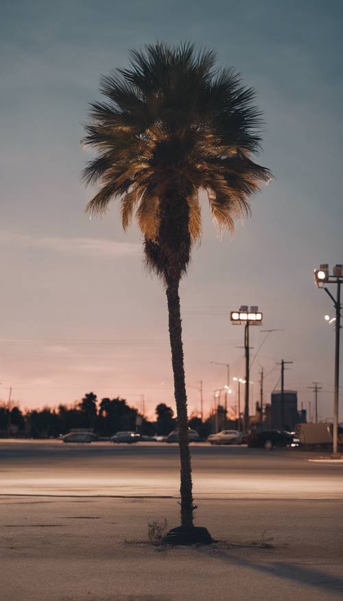 Uma palmeira solitária e fofa parada em um estacionamento vazio ao entardecer.