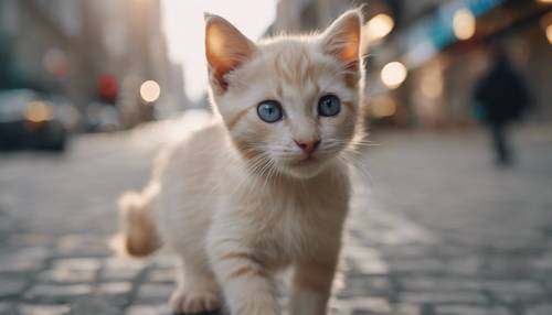 분주한 도시 풍경 속에서 길을 잃은 불안한 크림색 새끼 고양이는 경이로움과 두려움으로 눈을 크게 떴습니다.
