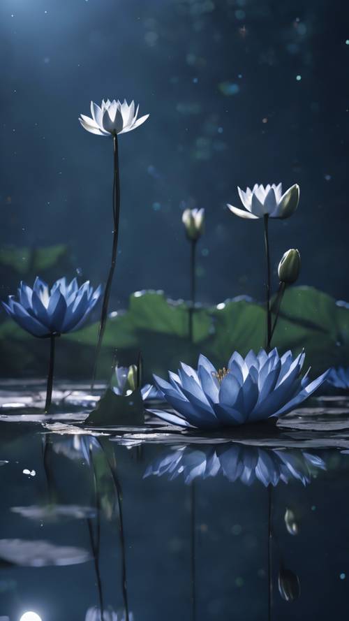 Di bawah sinar bulan yang kabur, sebuah kolam mencerminkan gambar bunga lili air berwarna biru tengah malam.