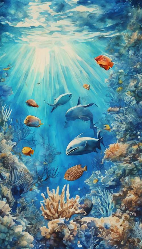 Blue watercolor painting of a tropical underwater scene with diverse marine life.