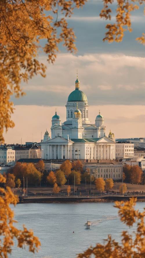 A panoramic autumn skyline view of Helsinki featuring the Helsinki Cathedral and Baltic sea. Tapet [295761f85a054e7485f5]
