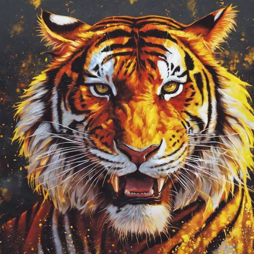 Sebuah mural yang menampilkan seekor harimau merah yang sejuk mengaum, di bawah sinar matahari kuning cerah, melambangkan kekuatan dan energi.