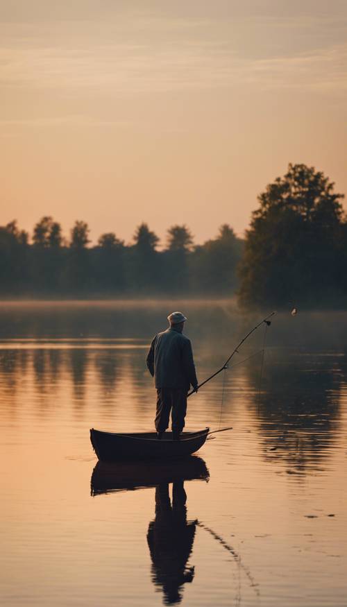 An old man fishing alone at dusk on a calm lake.