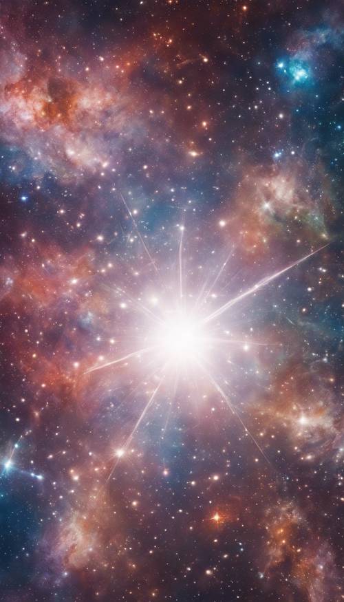 Сверкающая белая звезда, расположенная в центре яркой разноцветной галактики.
