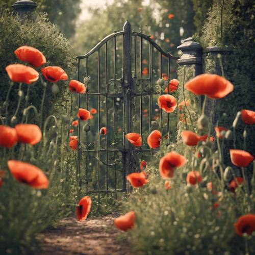 一扇质朴的花园大门，边缘爬满了罂粟花，采用点彩画风格进行绘制。