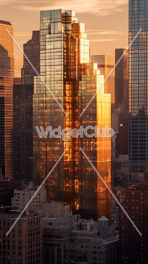 金色的夕陽反射在城市摩天大樓上
