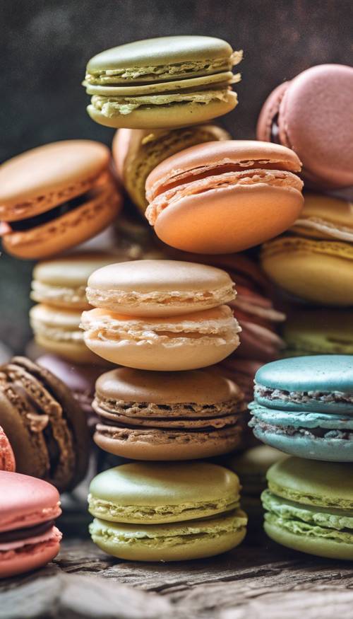 Hand drawn image of a pile of assorted macarons in a rustic setting.