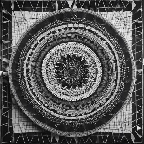 A mandala of triangles and squares, tightly woven together, with a black and white color scheme.