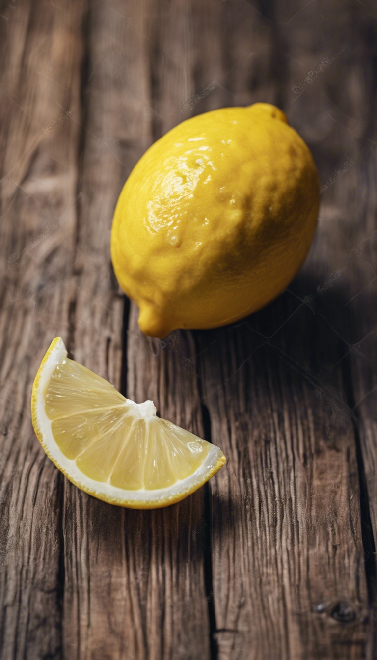 A single, fresh lemon sitting in the middle of a clean, wooden table. Tapeta[cff68a39a6df48529014]