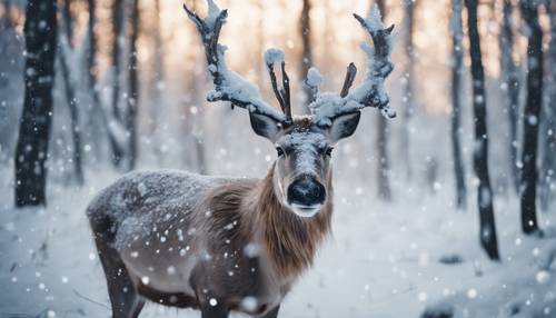 A blue eyed reindeer with snowy antlers on Christmas Eve