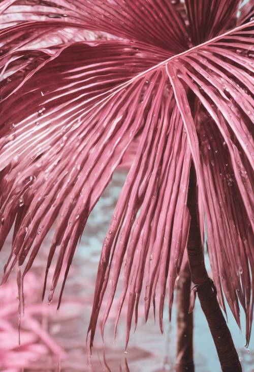 Folhas de palmeira cor-de-rosa, refletidas na superfície imóvel e espelhada de um lago.