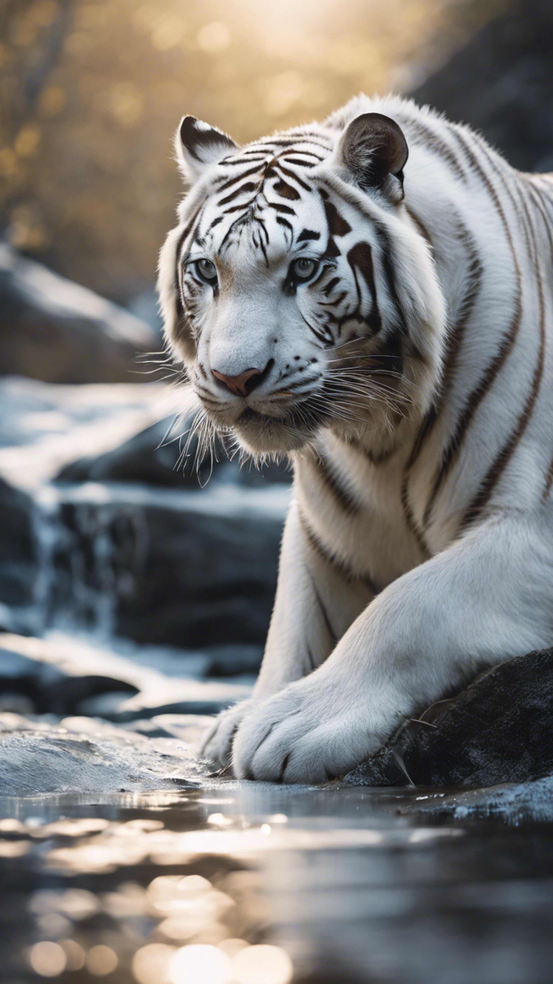 White Bengal tiger crouching near a cold mountain stream, ready to pounce 牆紙[60014ca7a56b4b479206]