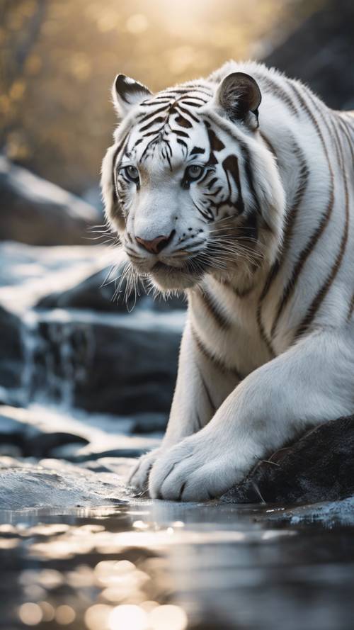 寒い山の流れのそばでうずくまっている白いベンガルトラ ペット可愛さMax!山と虎の壁紙