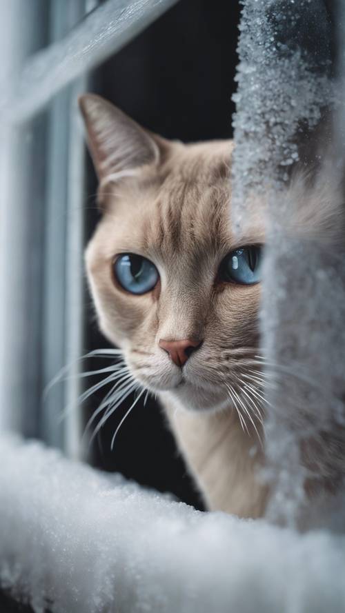Un misterioso gato siamés mira fijamente a través de una ventana esmerilada en un frío día de invierno.