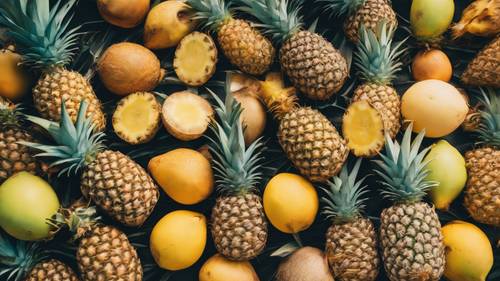 Several tropical fruits, like pineapples and coconuts, at a beach party".