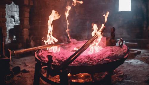 Fogo rosa na fornalha de um ferreiro, aquecendo uma espada para forjar.