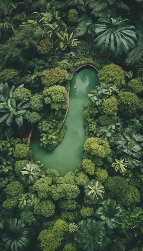 Belirgin peyzaj düzenlemesi yapılmış tropikal bitki örtüsüne sahip yemyeşil Singapur Botanik Bahçeleri&#39;nin kuşbakışı görünümü.