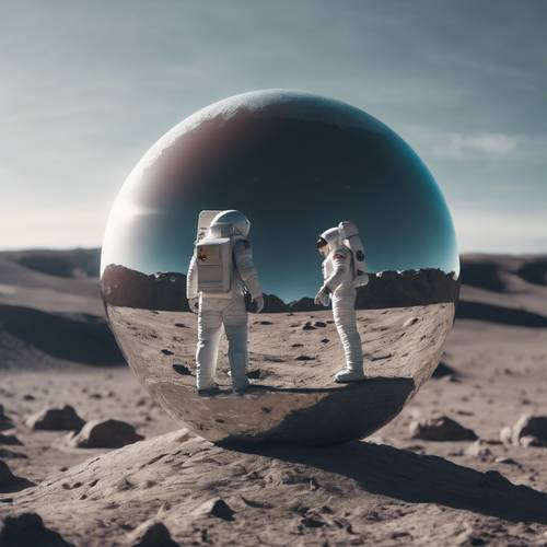 A lonely astronaut gazing into a spherical mirror standing on the lifeless moon's surface. Tapet [7ef4ee82492040bdb537]