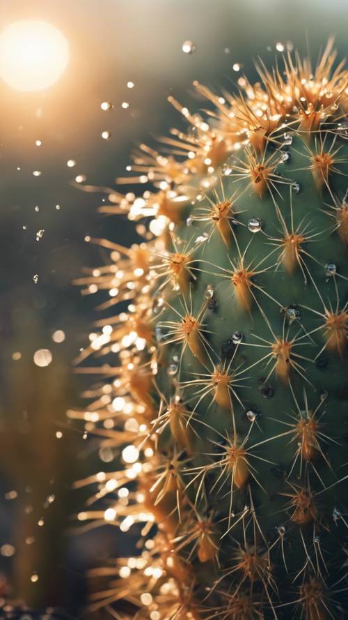 A close-up view of a prickly cactus with droplets of water on it, the sunrise behind its silhouette.
