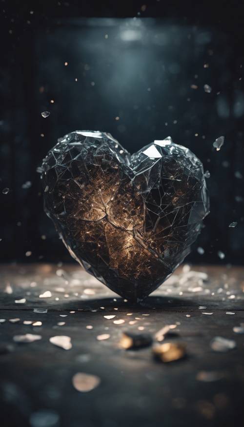 Uma imagem elegante de um coração cristalino partido no cenário impressionante de um quarto escuro.
